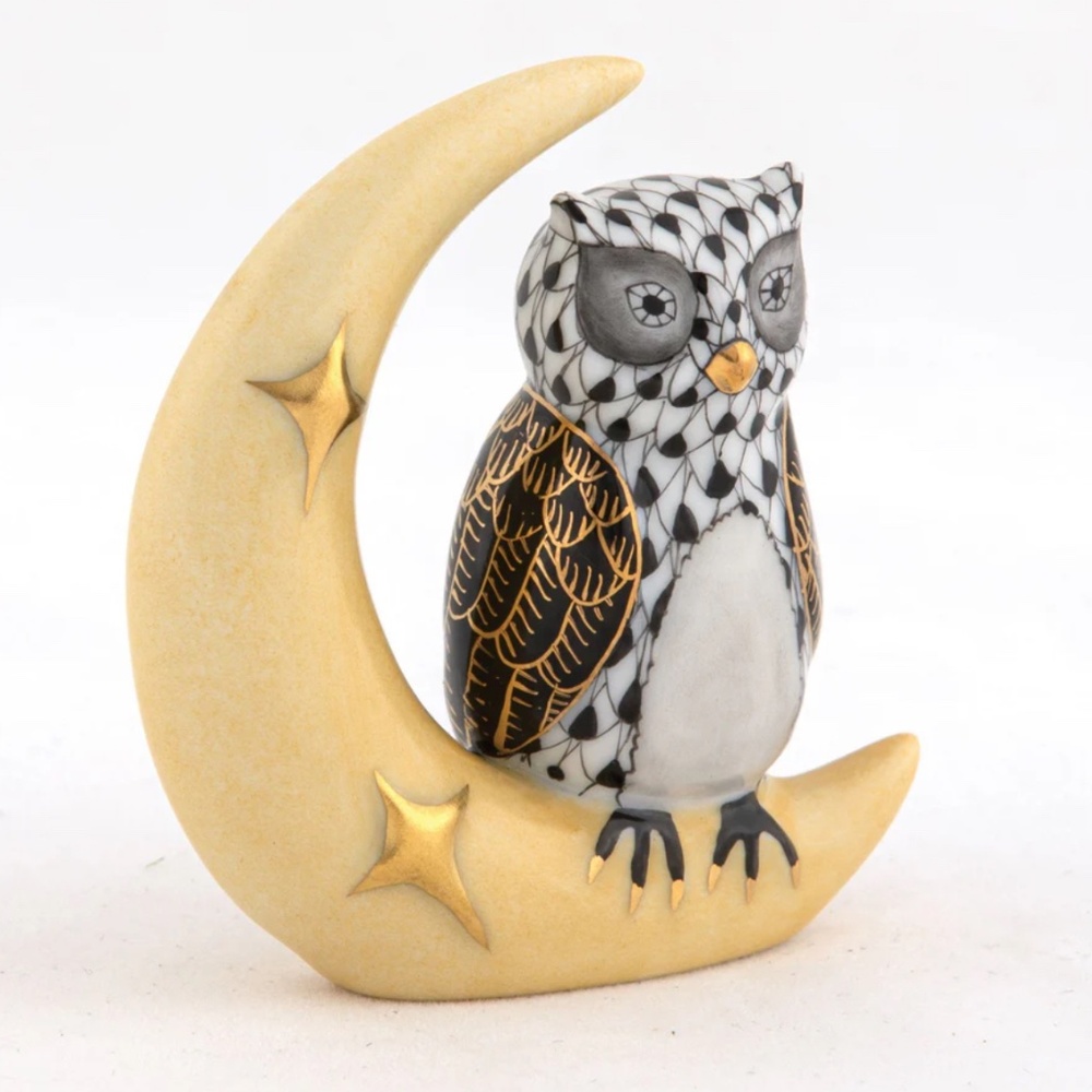 Fine Decor - Herend’s Porcelain Owl with Crescent Moon, Figurine